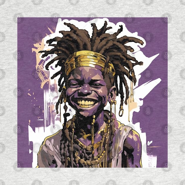 Vibrant Joy: African Boy with Dreadlocks in Purple and Gold by Sensei Arts